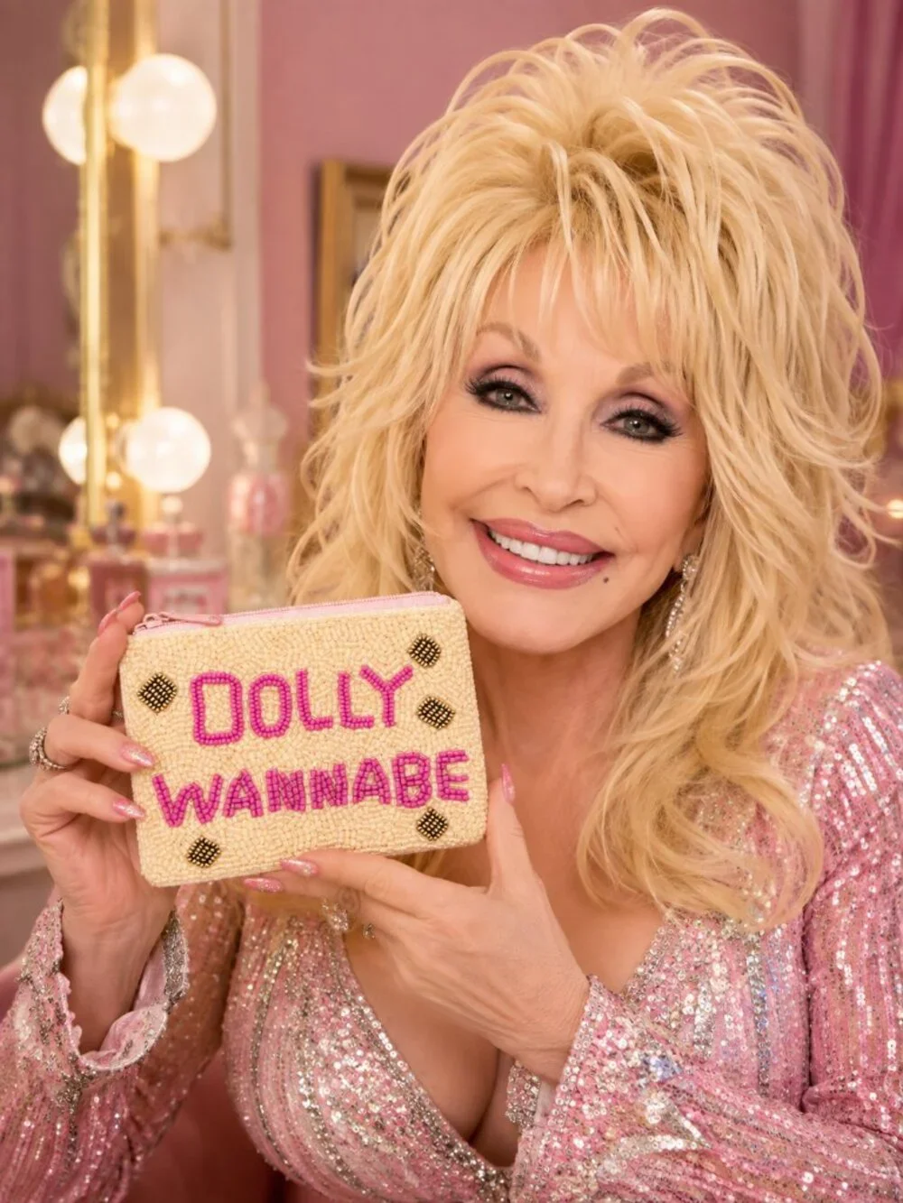 NEW DOLLY PARTON Seed Beaded Larger Style Pom-Pom Zipper Makeup Money Pouch